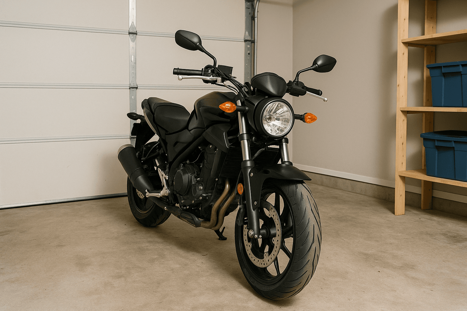 Motorcycle in garage with AirTag mount